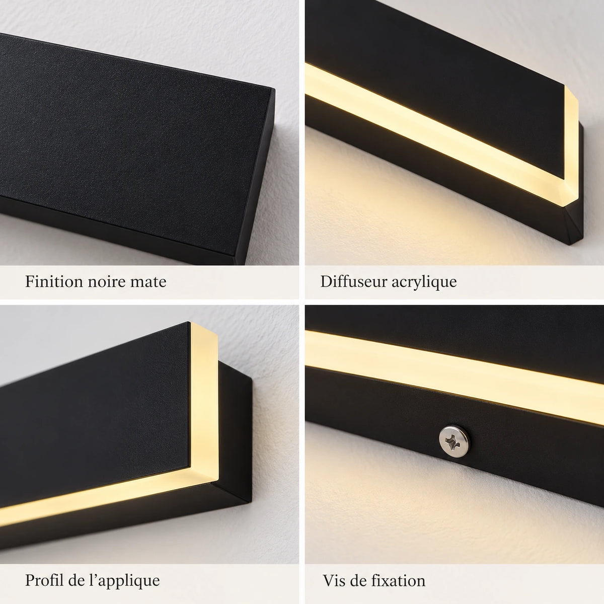 Gros plans de l’applique LED : finition noire mate, diffuseur acrylique, profil et vis de fixation