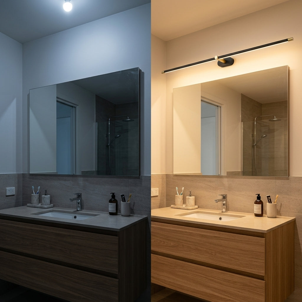 Applique miroir LED Anatole noire au-dessus d'un grand miroir de salle de bain Image