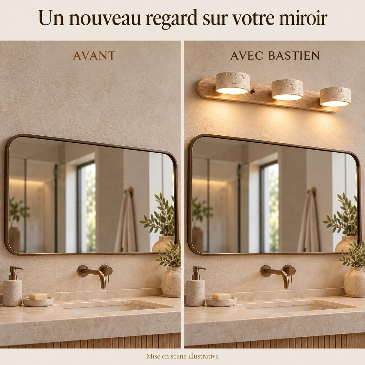 Applique Bastien en travertin et bois — avant apres