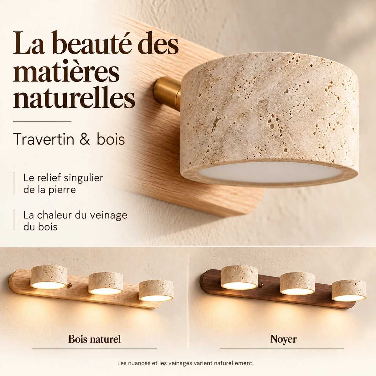 Applique Bastien en travertin et bois — arguments matieres