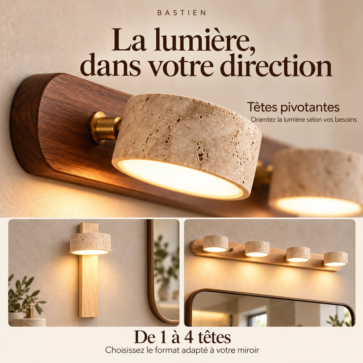 Applique Bastien en travertin et bois — arguments orientation