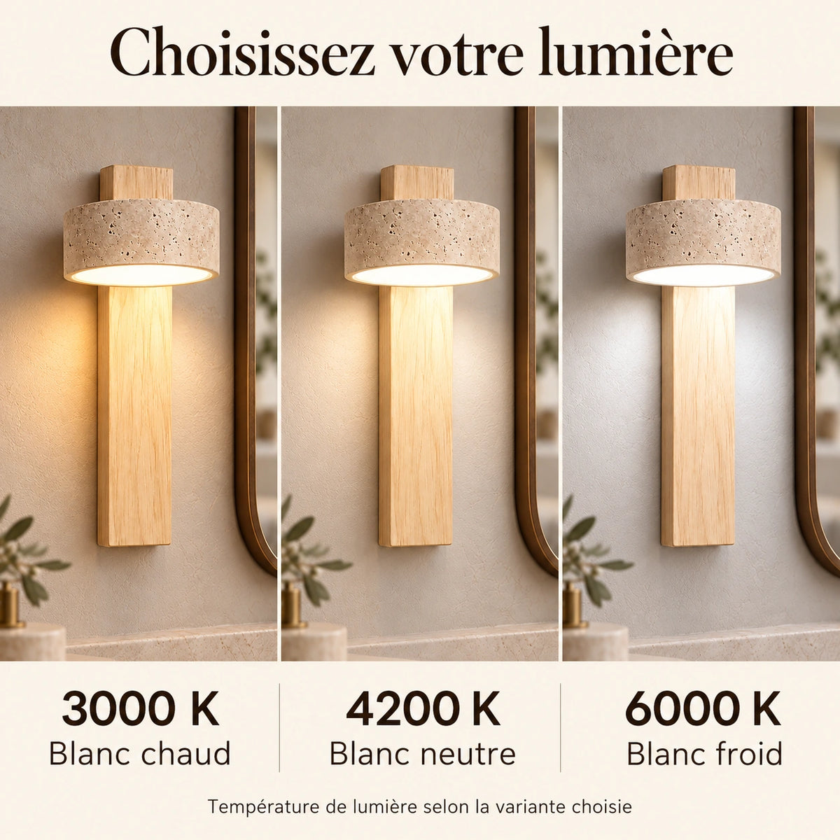 Applique Bastien en travertin et bois — comparatif lumieres