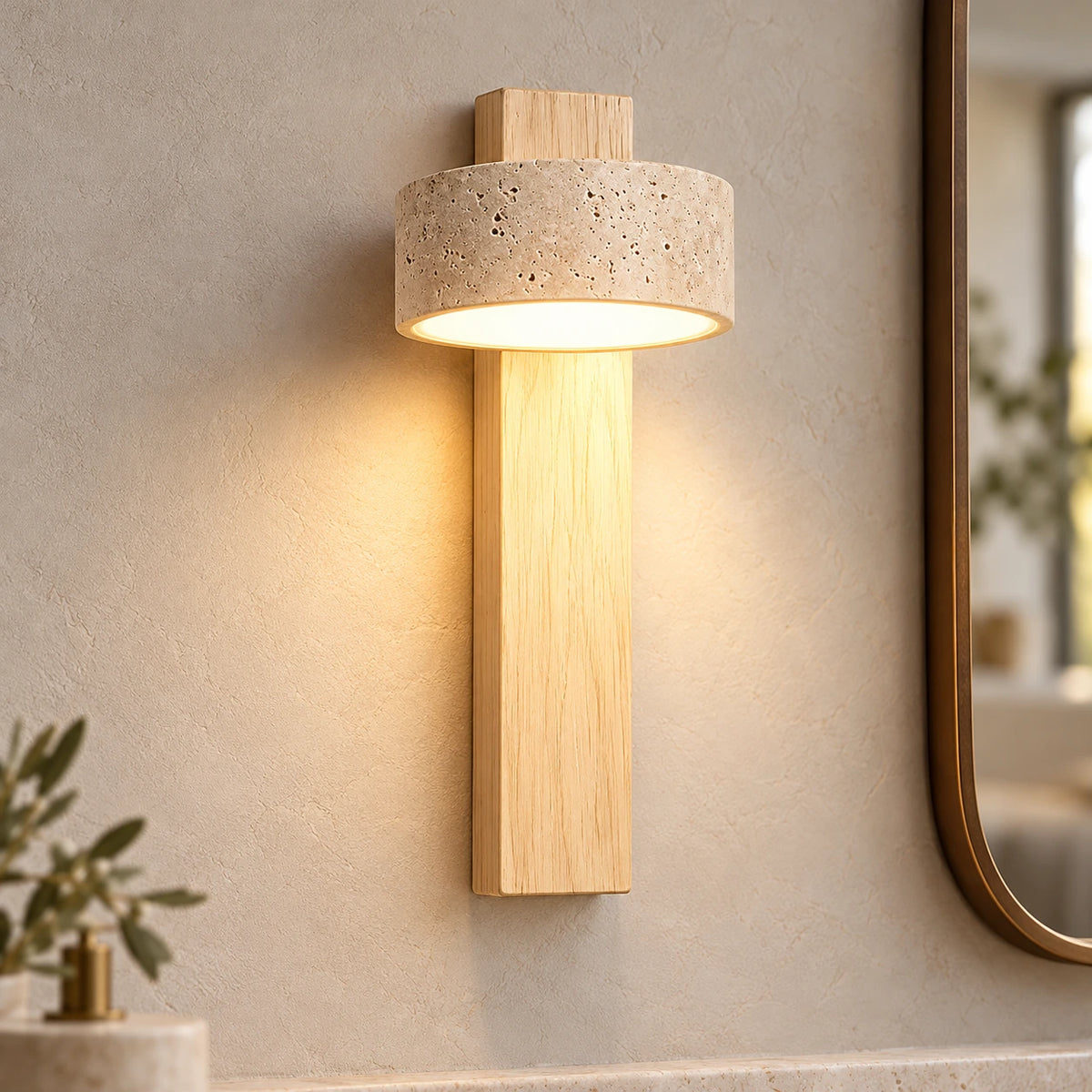 Applique Bastien en travertin — Bois naturel – 1 tête / Blanc chaud 3000K