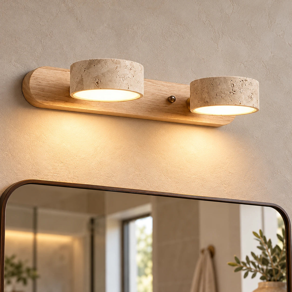 Applique Bastien en travertin — Bois naturel – 2 têtes / Blanc chaud 3000K
