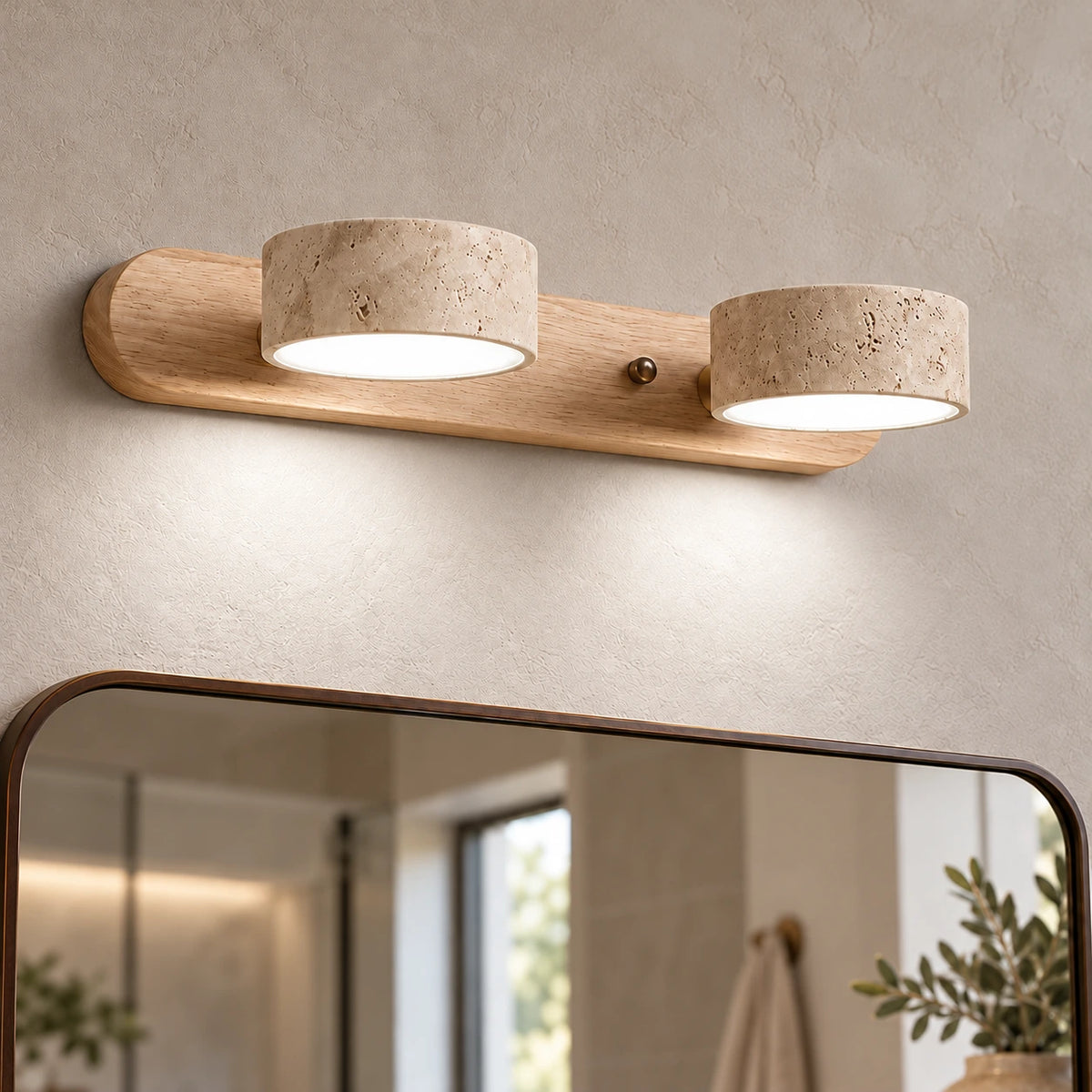 Applique Bastien en travertin — Bois naturel – 2 têtes / Blanc neutre 4200K
