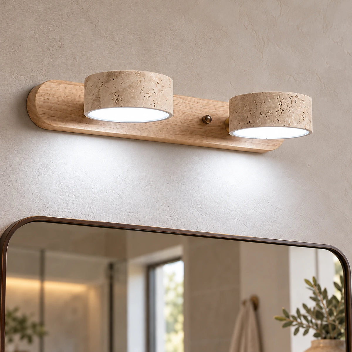Applique Bastien en travertin — Bois naturel – 2 têtes / Blanc froid 6000K