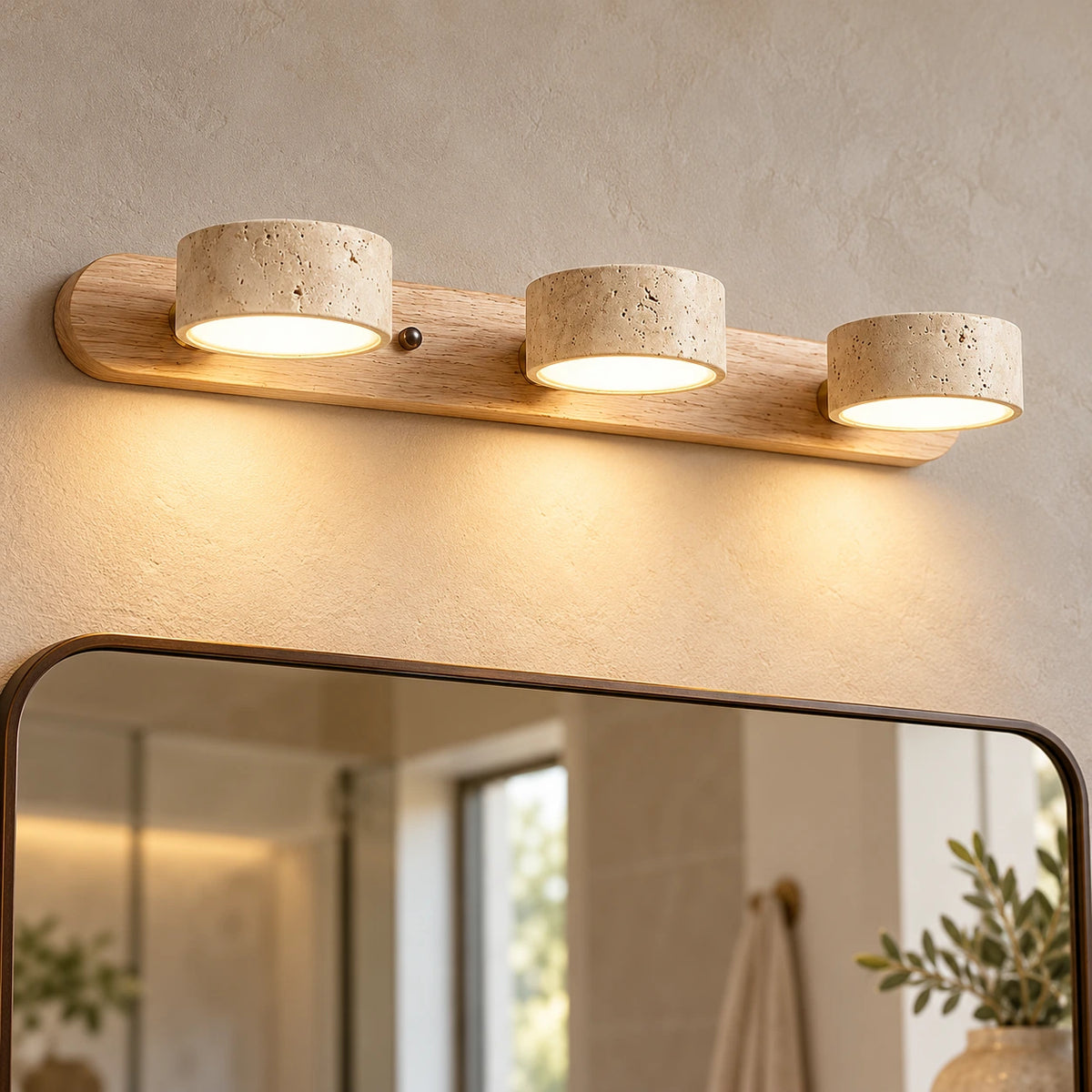 Applique Bastien en travertin — Bois naturel – 3 têtes / Blanc chaud 3000K