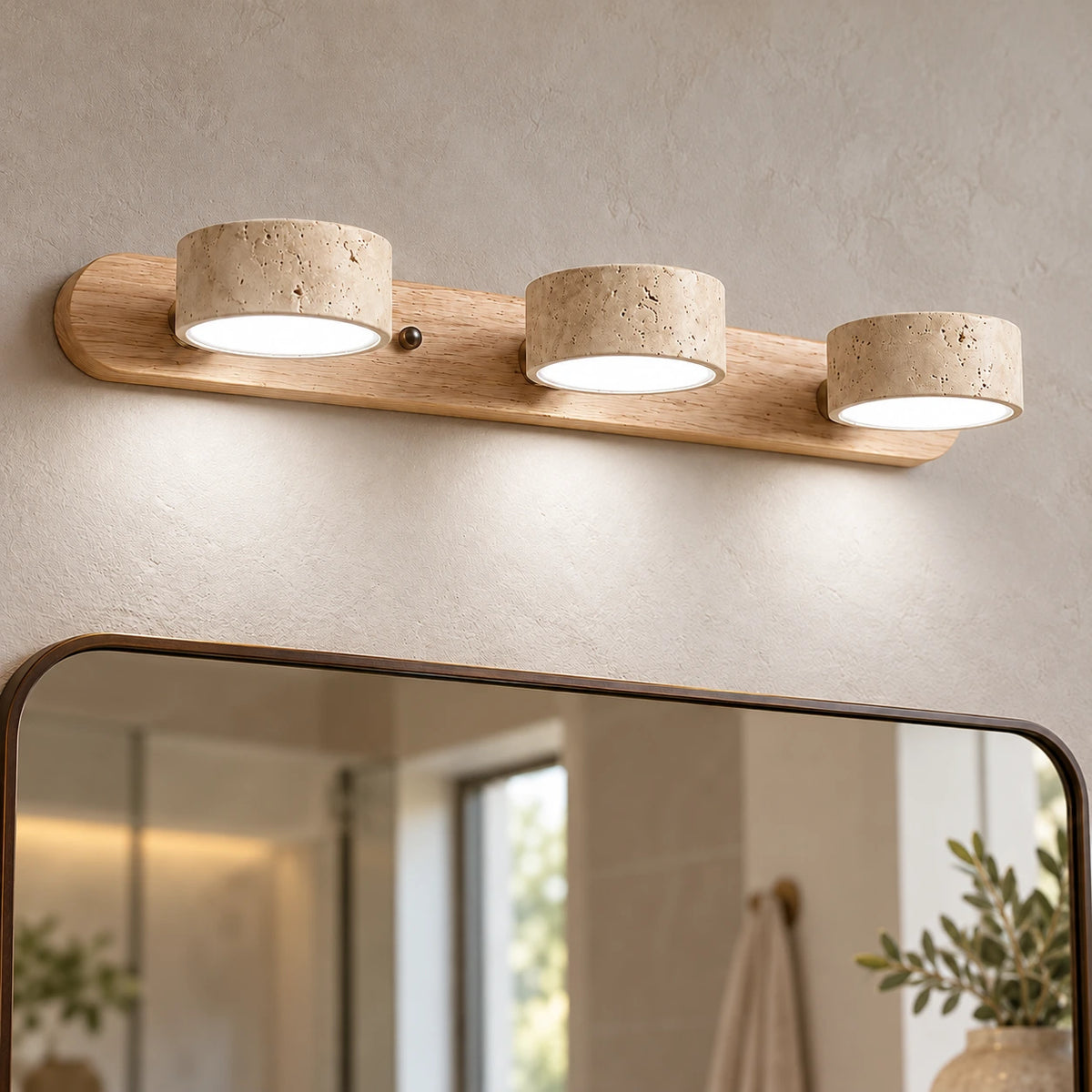 Applique Bastien en travertin — Bois naturel – 3 têtes / Blanc neutre 4200K