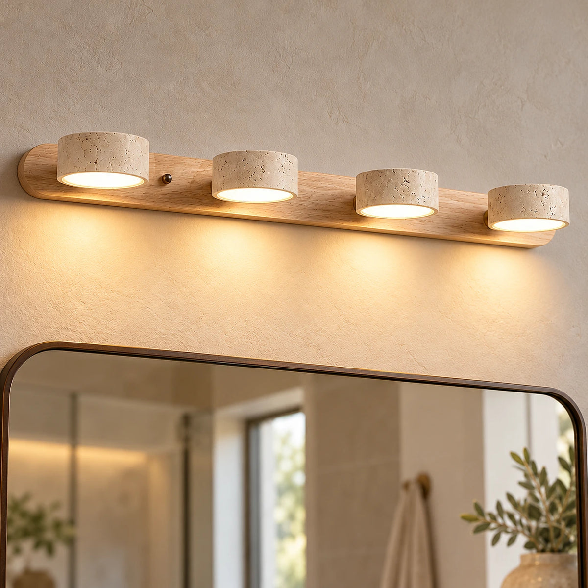 Applique Bastien en travertin — Bois naturel – 4 têtes / Blanc chaud 3000K
