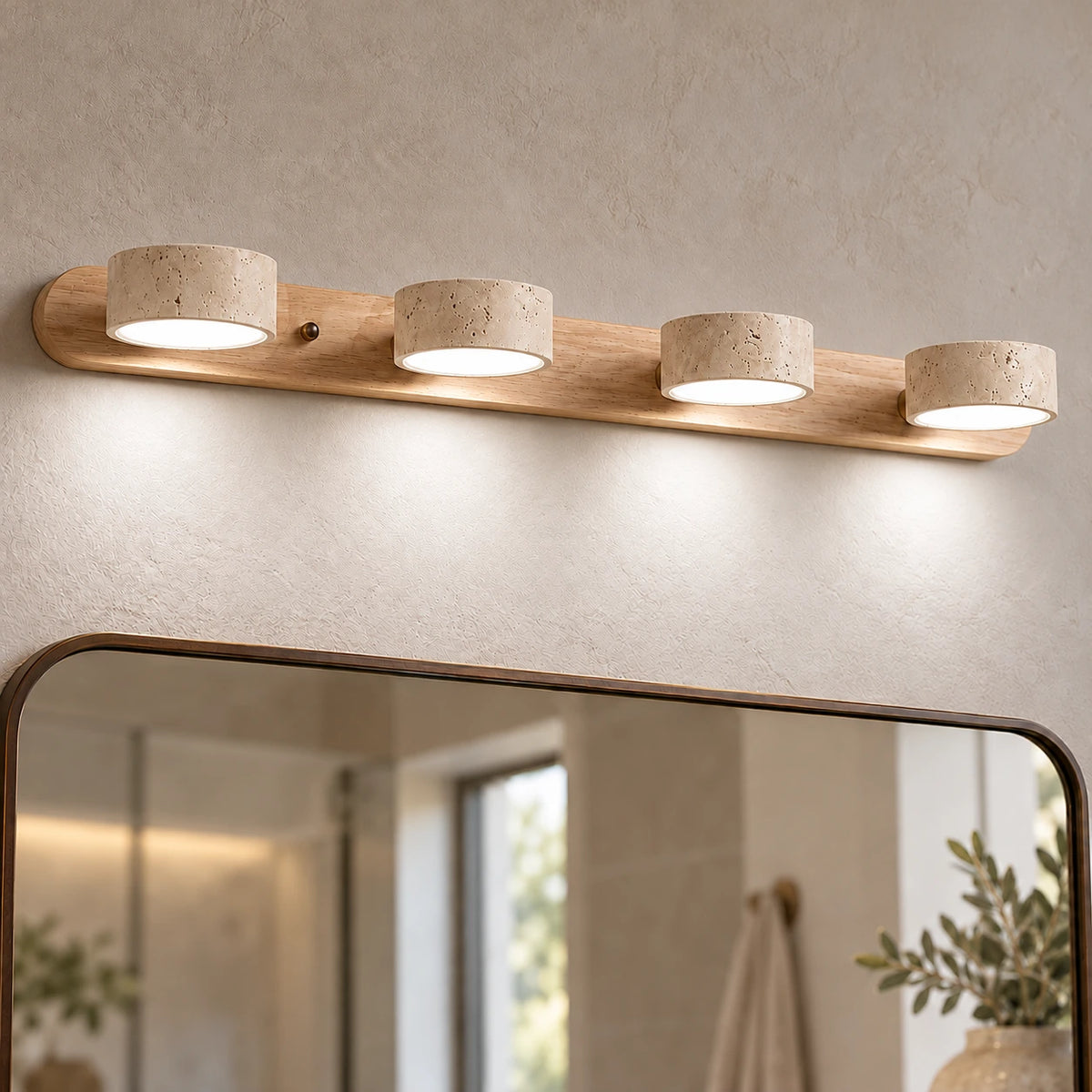 Applique Bastien en travertin — Bois naturel – 4 têtes / Blanc neutre 4200K
