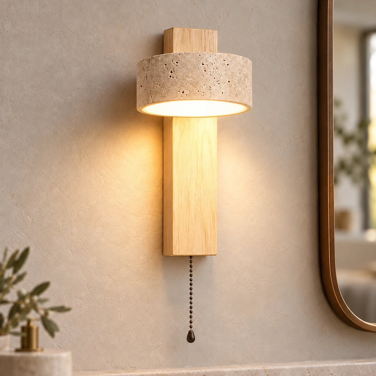 Applique Bastien en travertin — Bois naturel – avec tirette / Blanc chaud 3000K