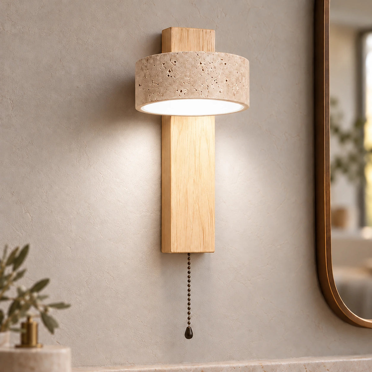 Applique Bastien en travertin — Bois naturel – avec tirette / Blanc neutre 4200K