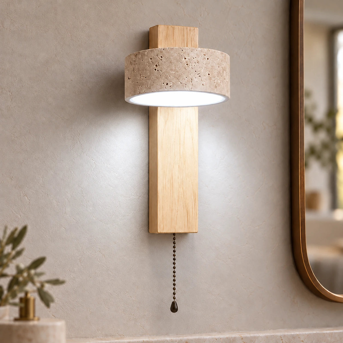 Applique Bastien en travertin — Bois naturel – avec tirette / Blanc froid 6000K