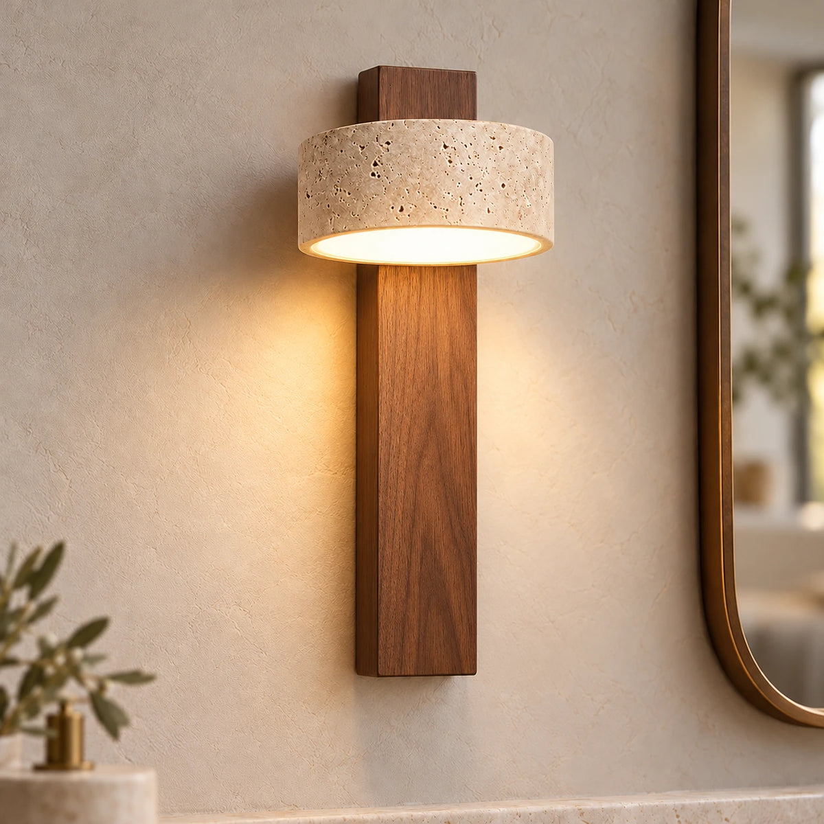Applique Bastien en travertin — Noyer – 1 tête / Blanc chaud 3000K