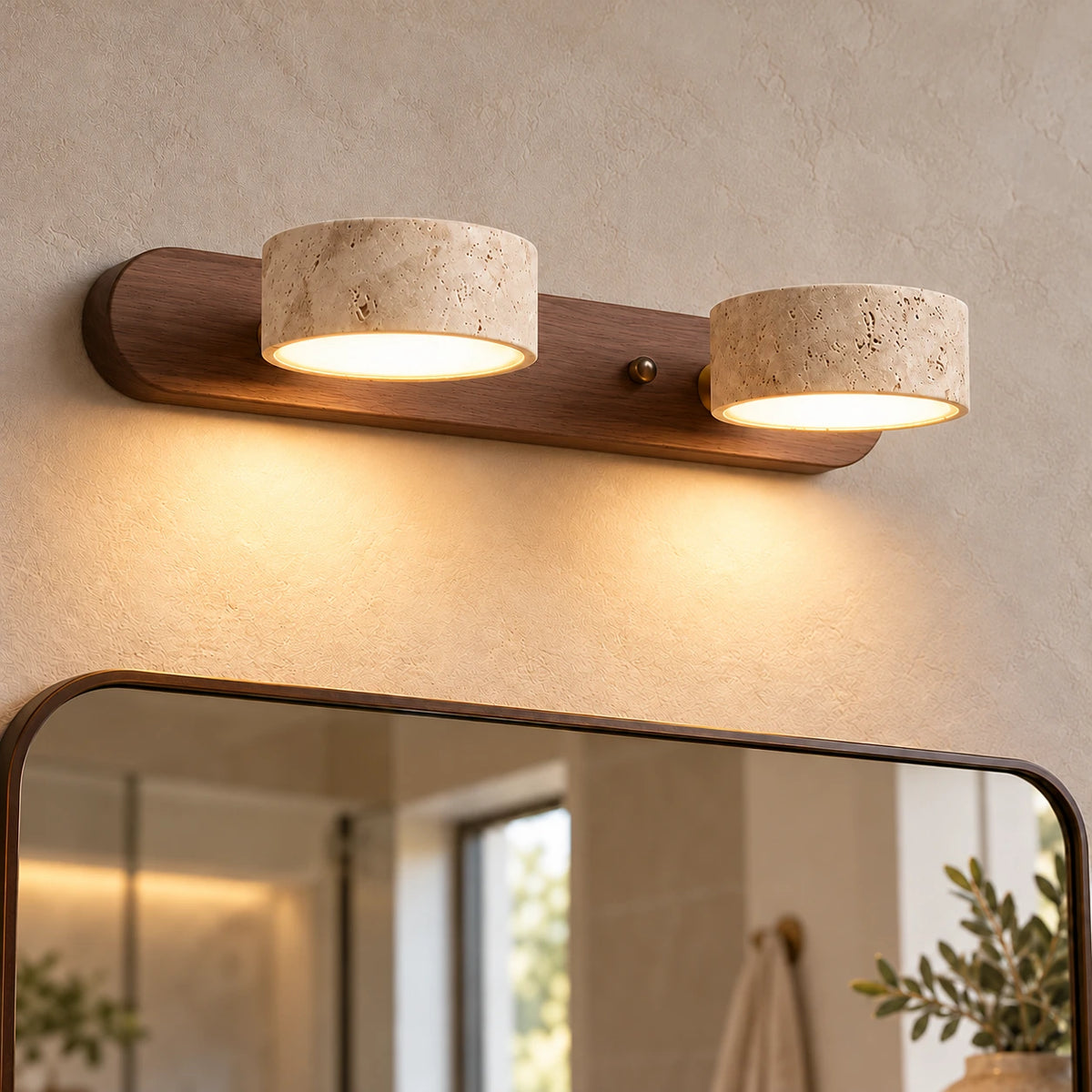 Applique Bastien en travertin — Noyer – 2 têtes / Blanc chaud 3000K