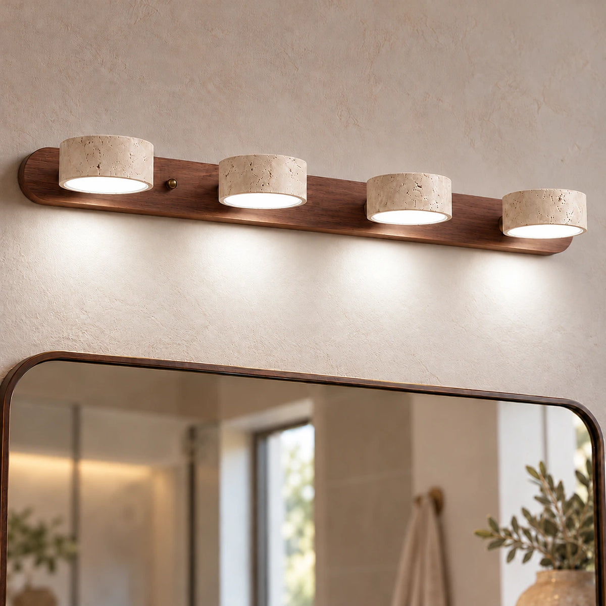 Applique Bastien en travertin — Noyer – 4 têtes / Blanc neutre 4200K