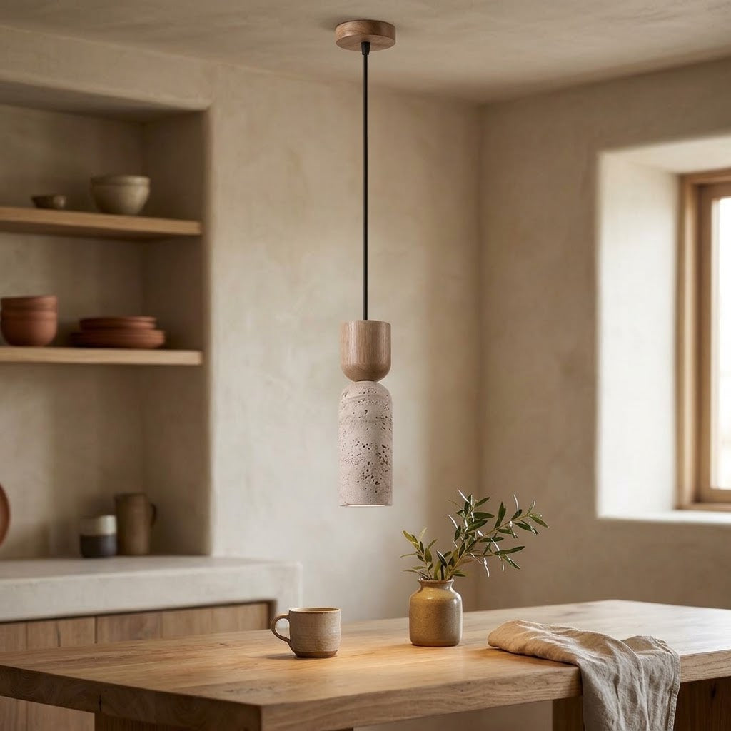 Suspension Cylindre en Travertin Bérangère pour Chevet - Matière Naturelle & Ambiance Feutrée