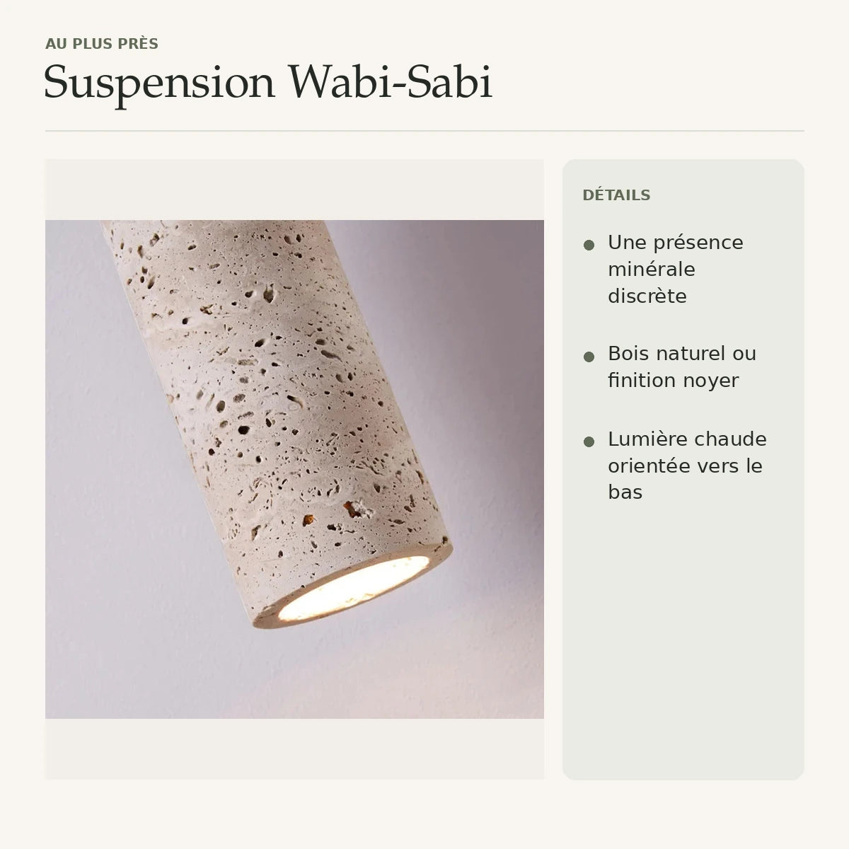 Détails du bois et de la pierre de la suspension Wabi-Sabi