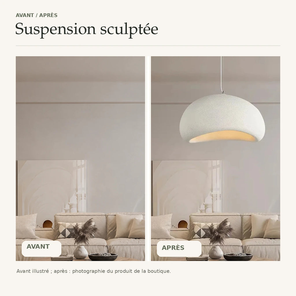 Suspension sculptée — avant illustré et après en photographie originale