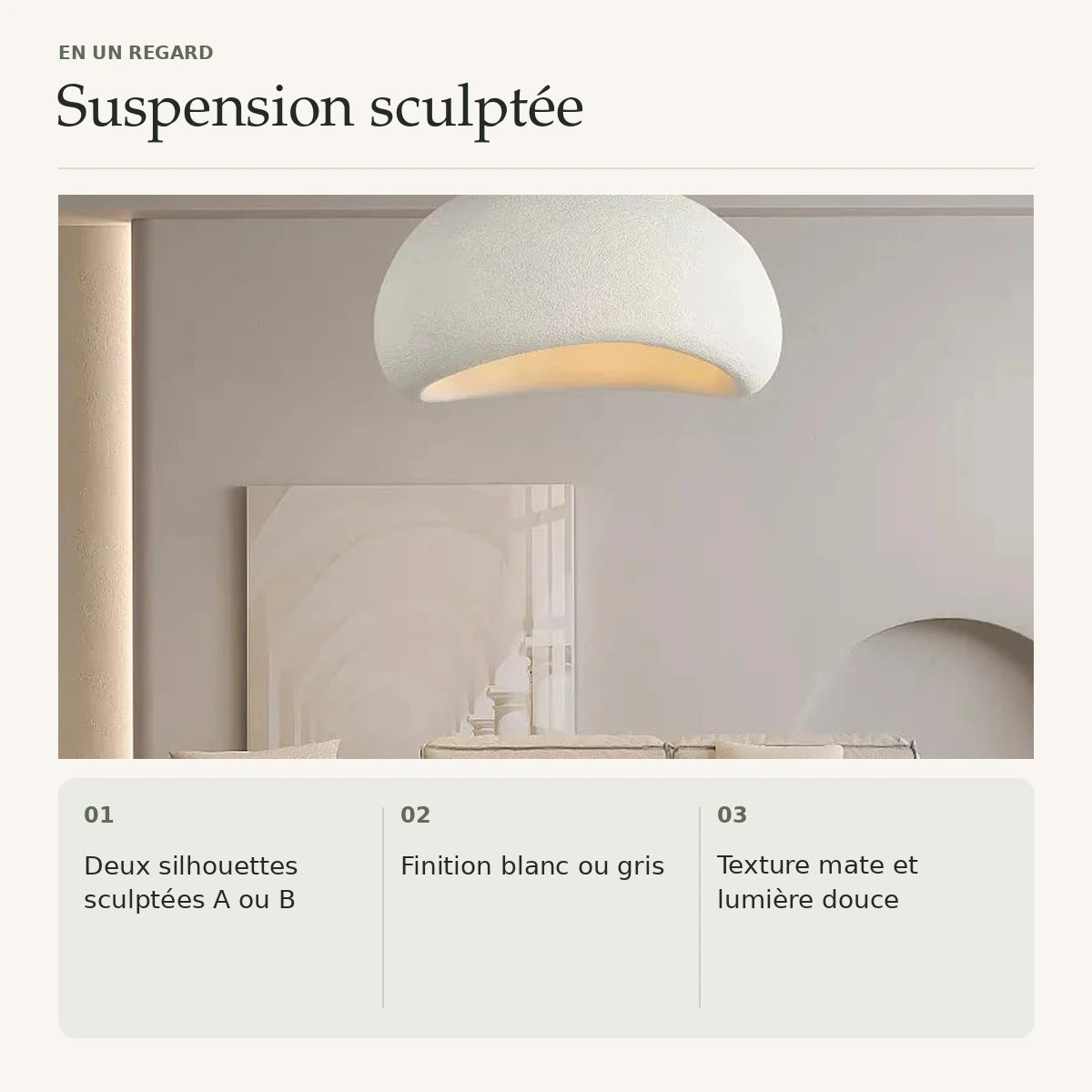 Suspension sculptée — caractéristiques avec photographie originale