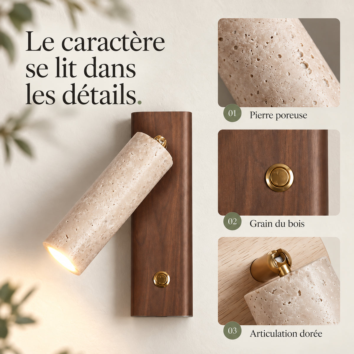 Détails de la pierre poreuse, du bois et de l’articulation dorée