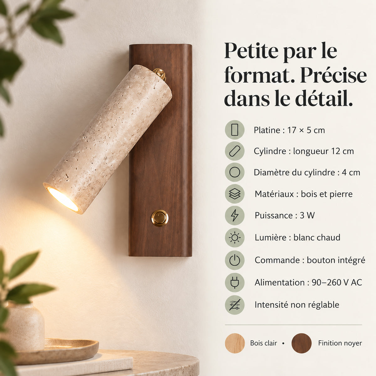 Caractéristiques et dimensions de l’applique murale bois et pierre 3 W