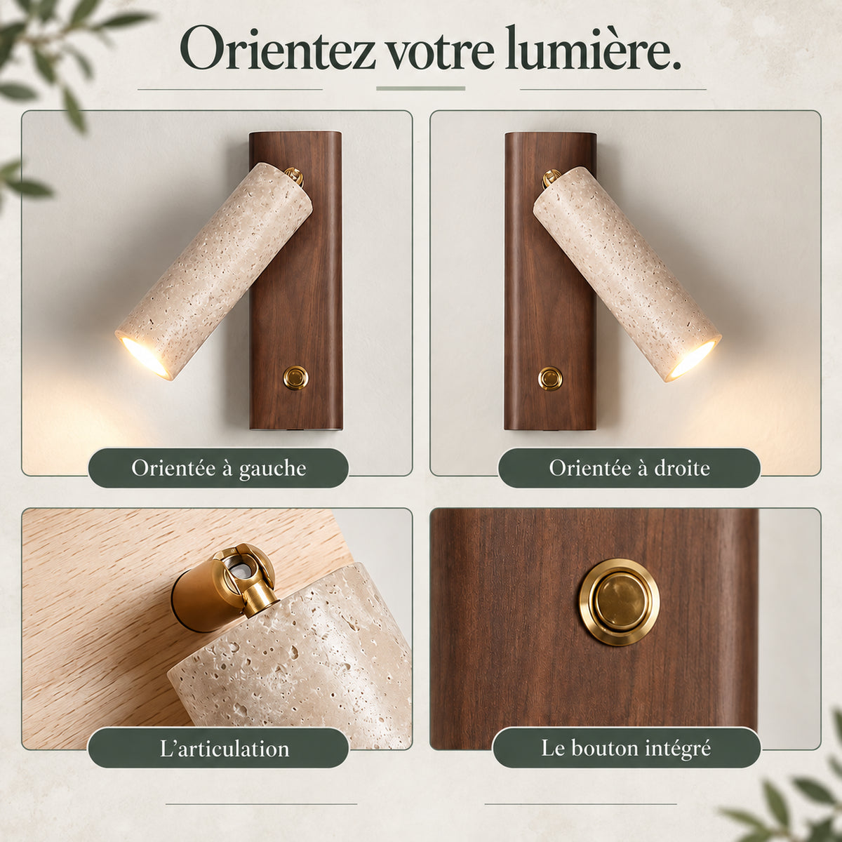 Vues de la tête orientable, de l’articulation et du bouton intégré