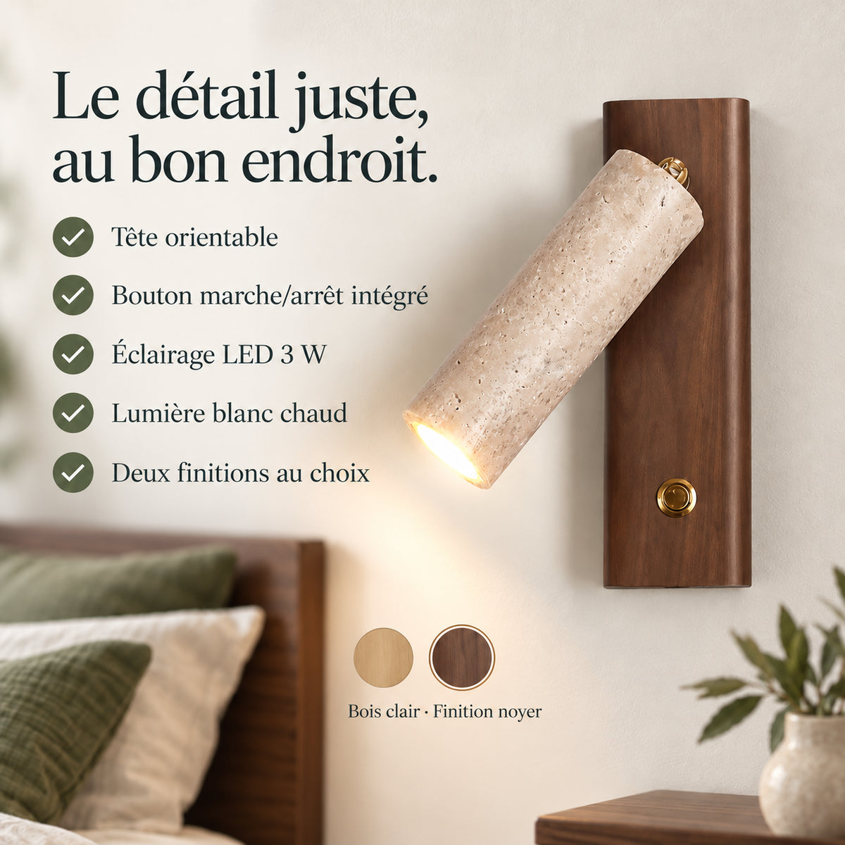 Caractéristiques de l’applique : tête orientable, bouton intégré et LED blanc chaud 3 W