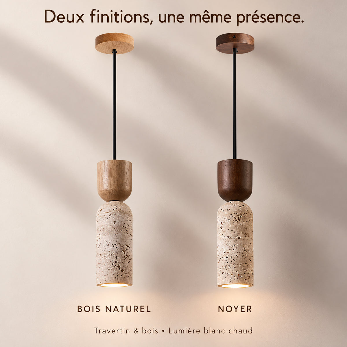 Suspension en travertin : comparaison des finitions bois naturel et noyer