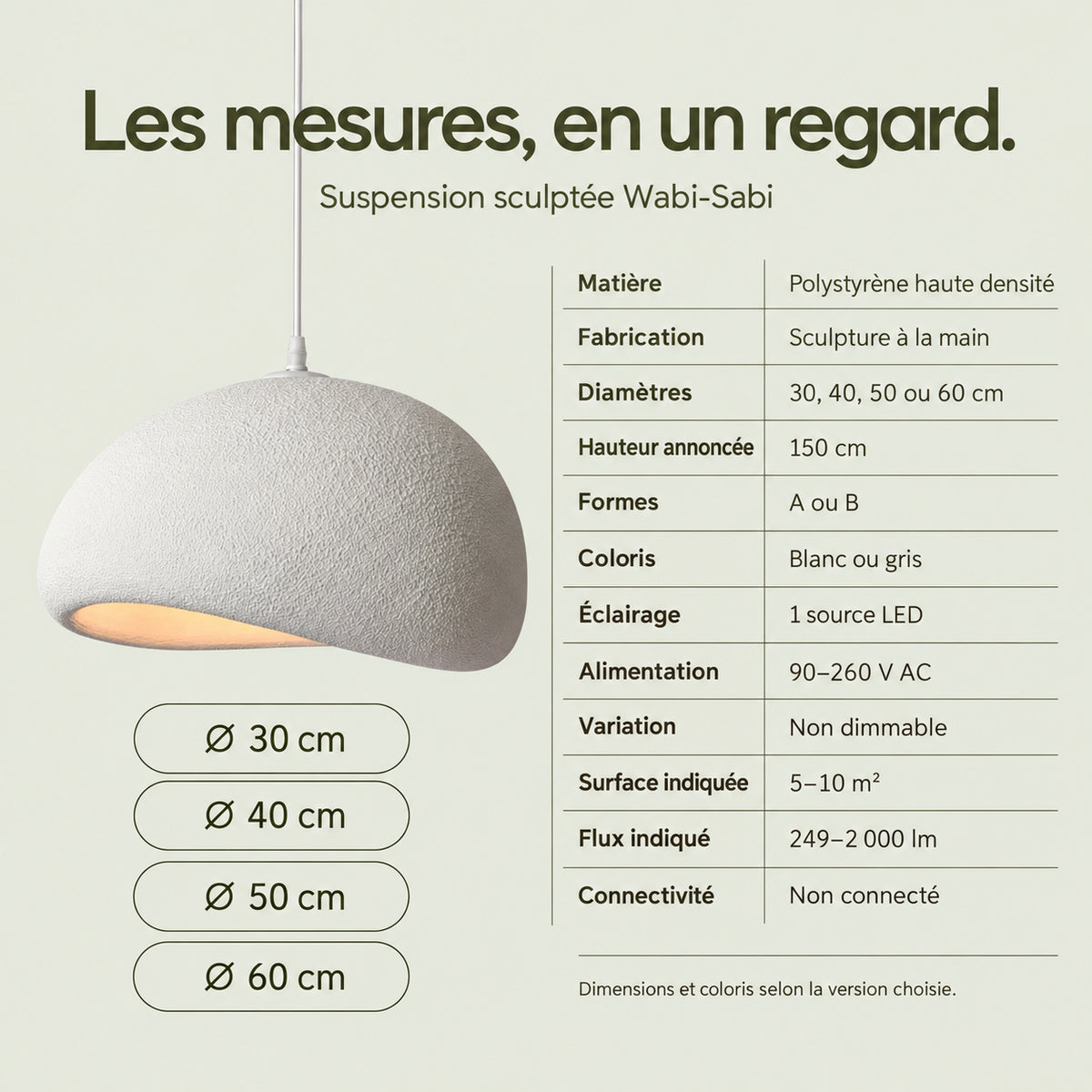 Dimensions et caractéristiques de la suspension galet Wabi-Sabi