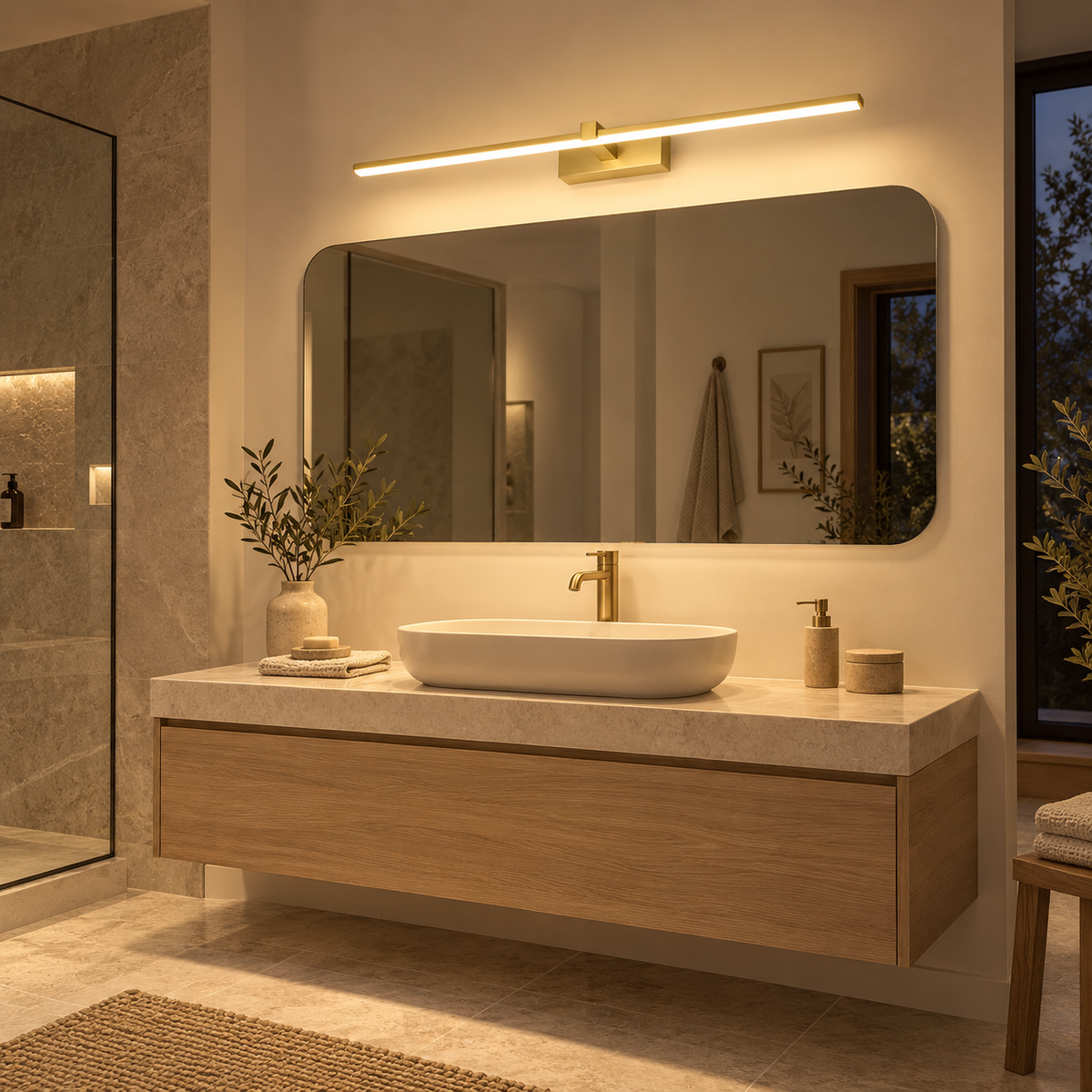 Applique LED de miroir dorée dans une salle de bain