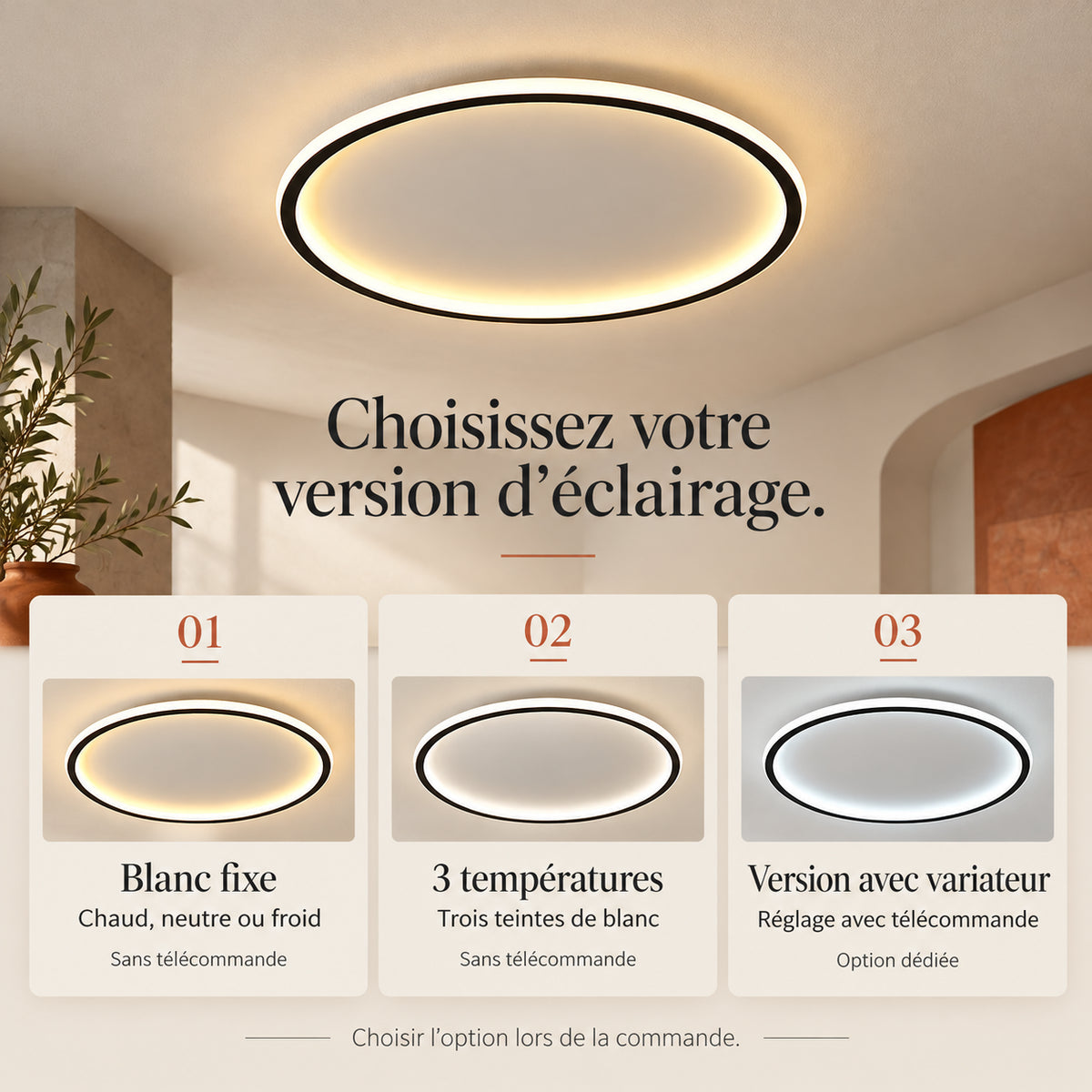 Options blanc fixe, trois températures ou variateur avec télécommande
