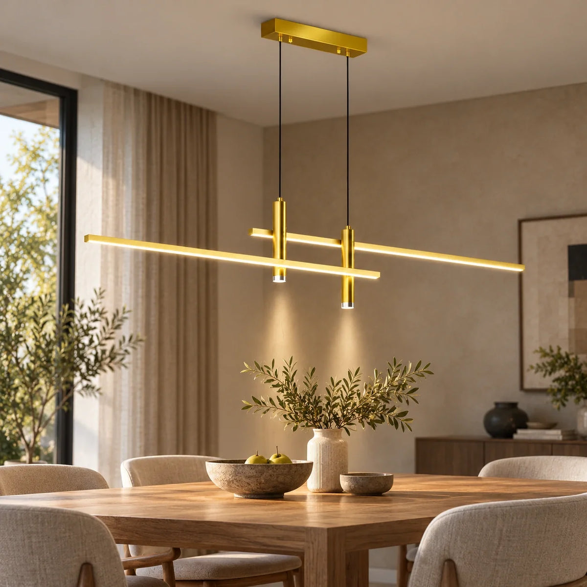 Suspension linéaire LED Augustin dorée, deux barres décalées et deux spots, mise en valeur au-dessus d’une table de salle à manger Image