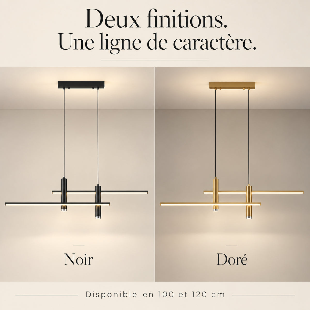 Suspension linéaire disponible en noir et doré, longueurs 100 et 120 cm