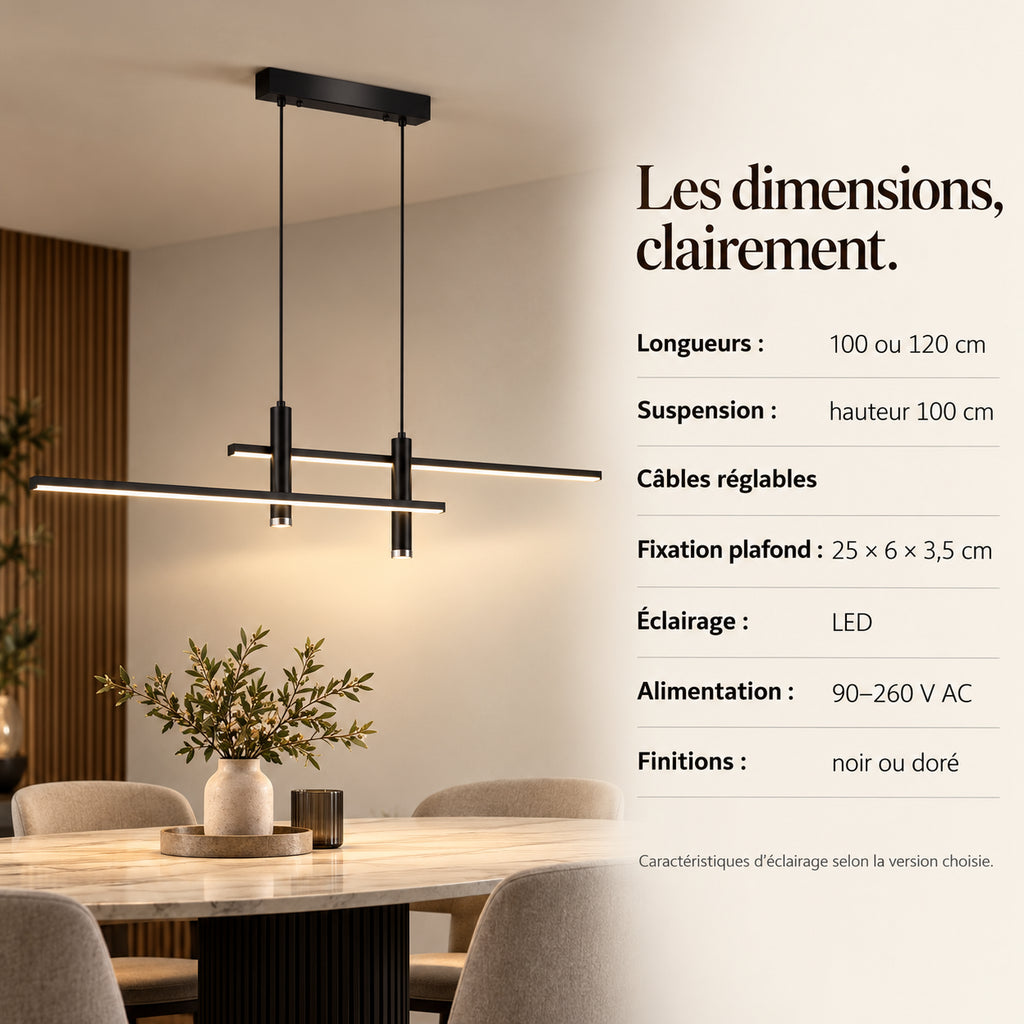 Dimensions et caractéristiques de la suspension LED noire et dorée