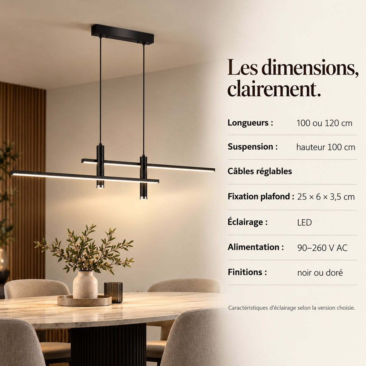 Dimensions et caractéristiques de la suspension LED noire et dorée