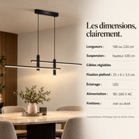 Dimensions et caractéristiques de la suspension LED noire et dorée