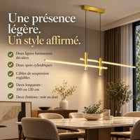 Caractéristiques de la suspension : deux barres, deux spots, câbles réglables, deux longueurs et finitions