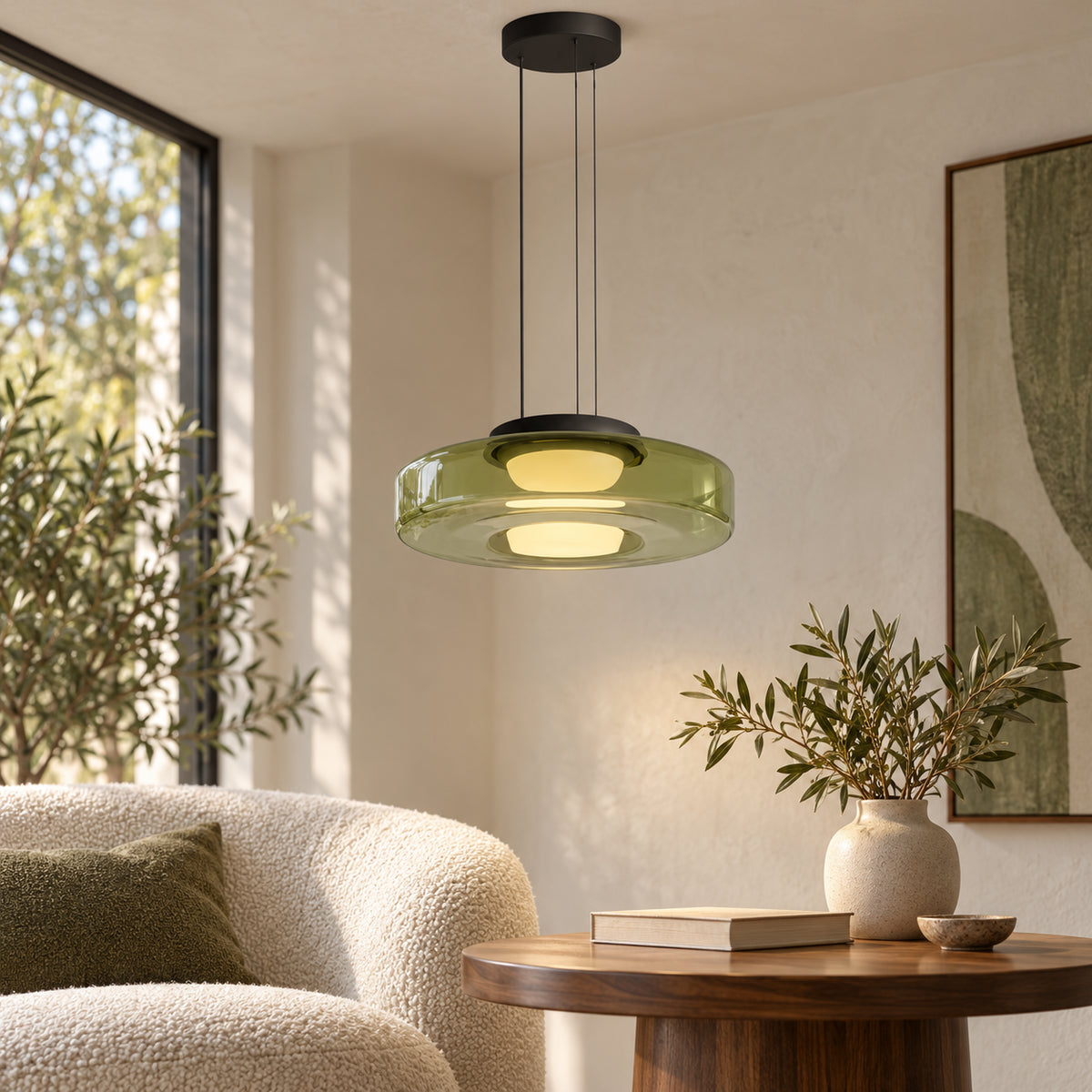 Suspension en verre Vert 35 cm dans un intérieur réaliste