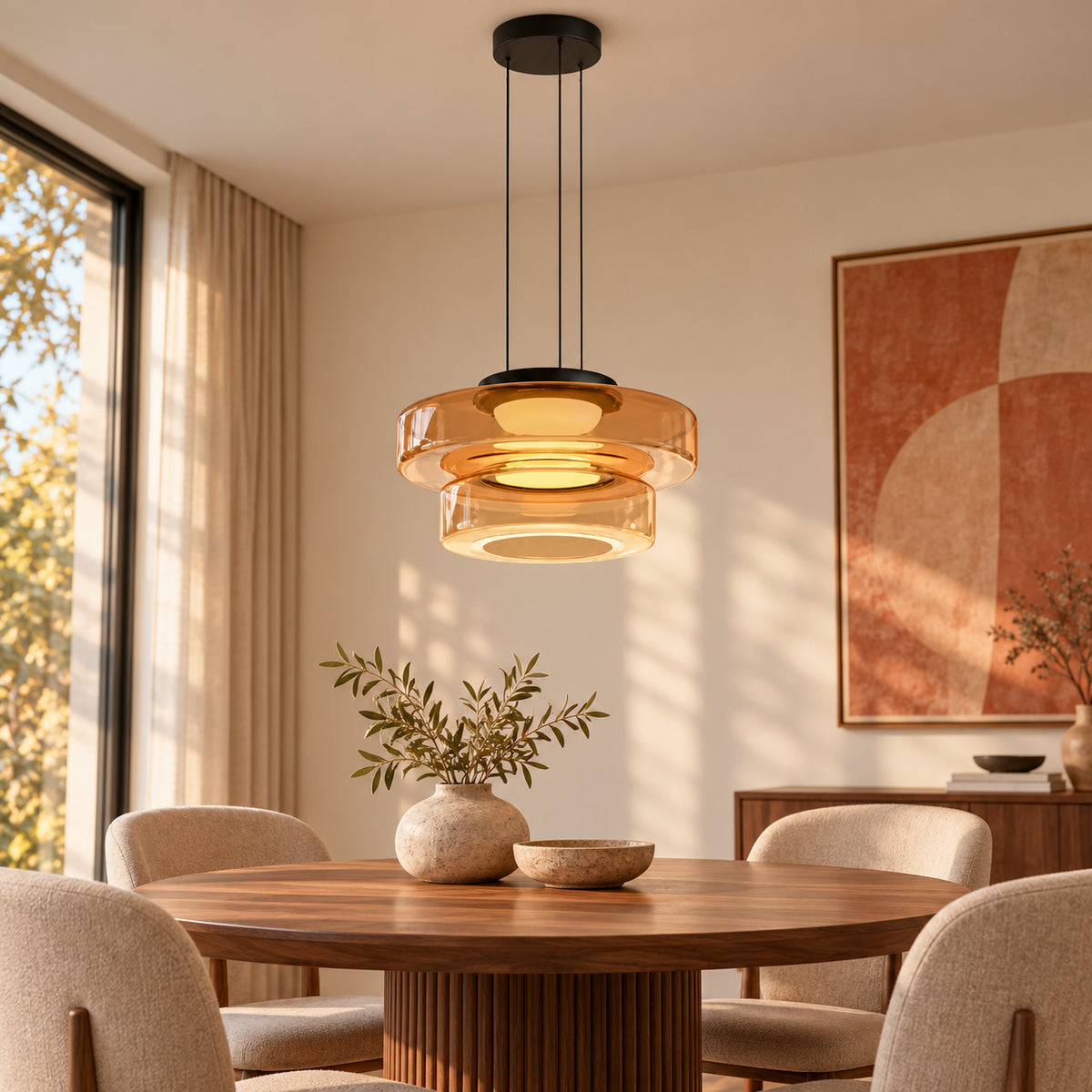 Suspension en verre Ambré – duo 25 + 35 cm dans un intérieur réaliste