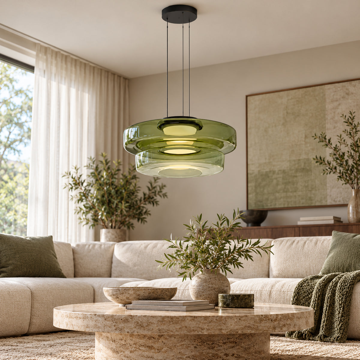 Suspension en verre Vert – duo 35 + 45 cm dans un intérieur réaliste