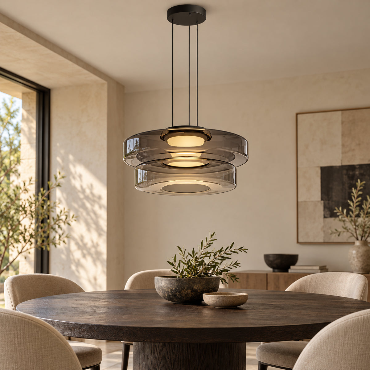 Suspension en verre Gris fumé – duo 35 + 45 cm dans un intérieur réaliste