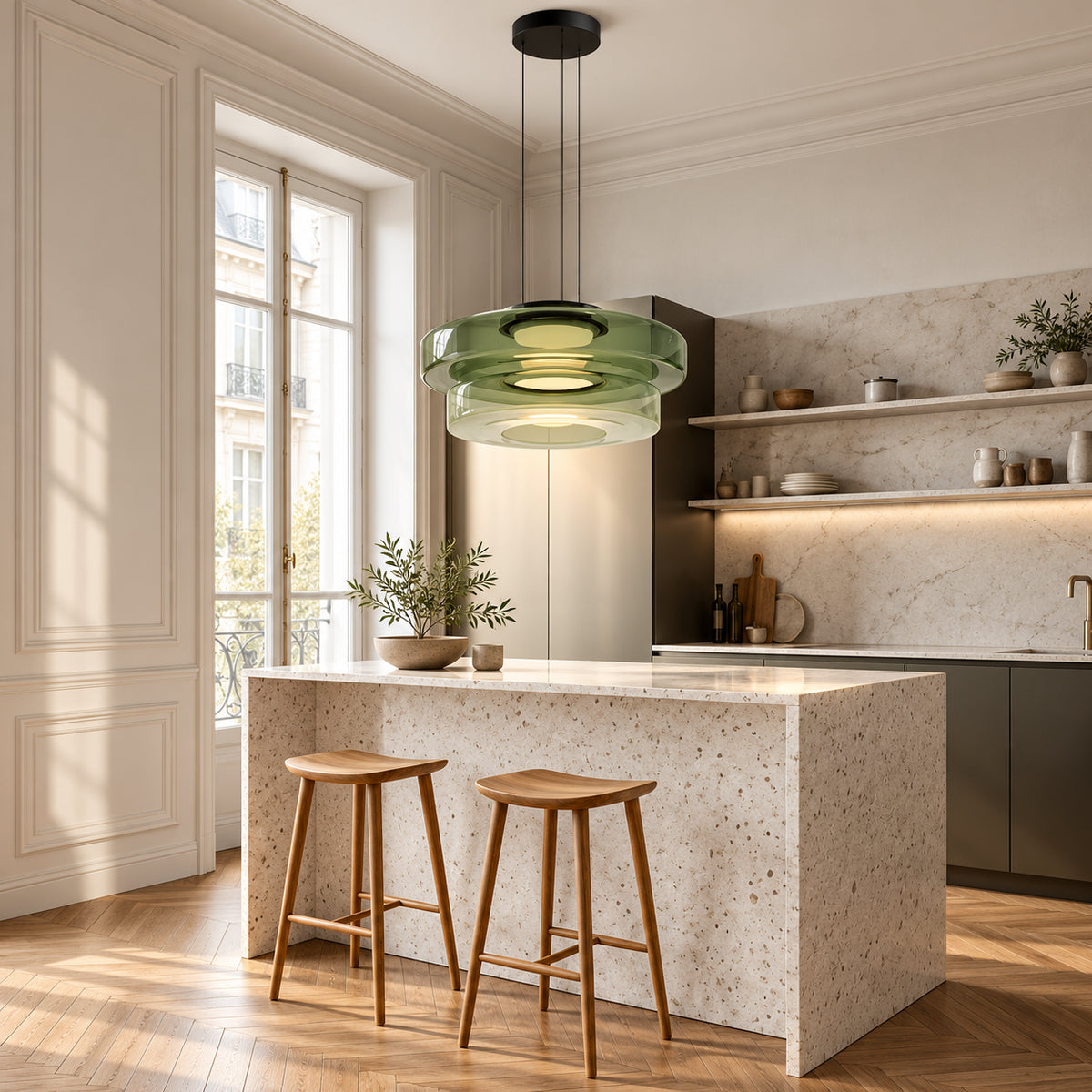 Suspension en verre à deux niveaux — Cuisine — verre vert