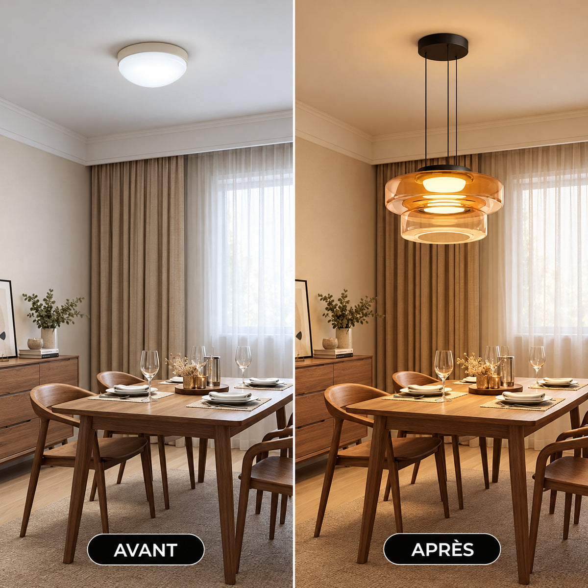 Suspension en verre à deux niveaux — Avant / Après